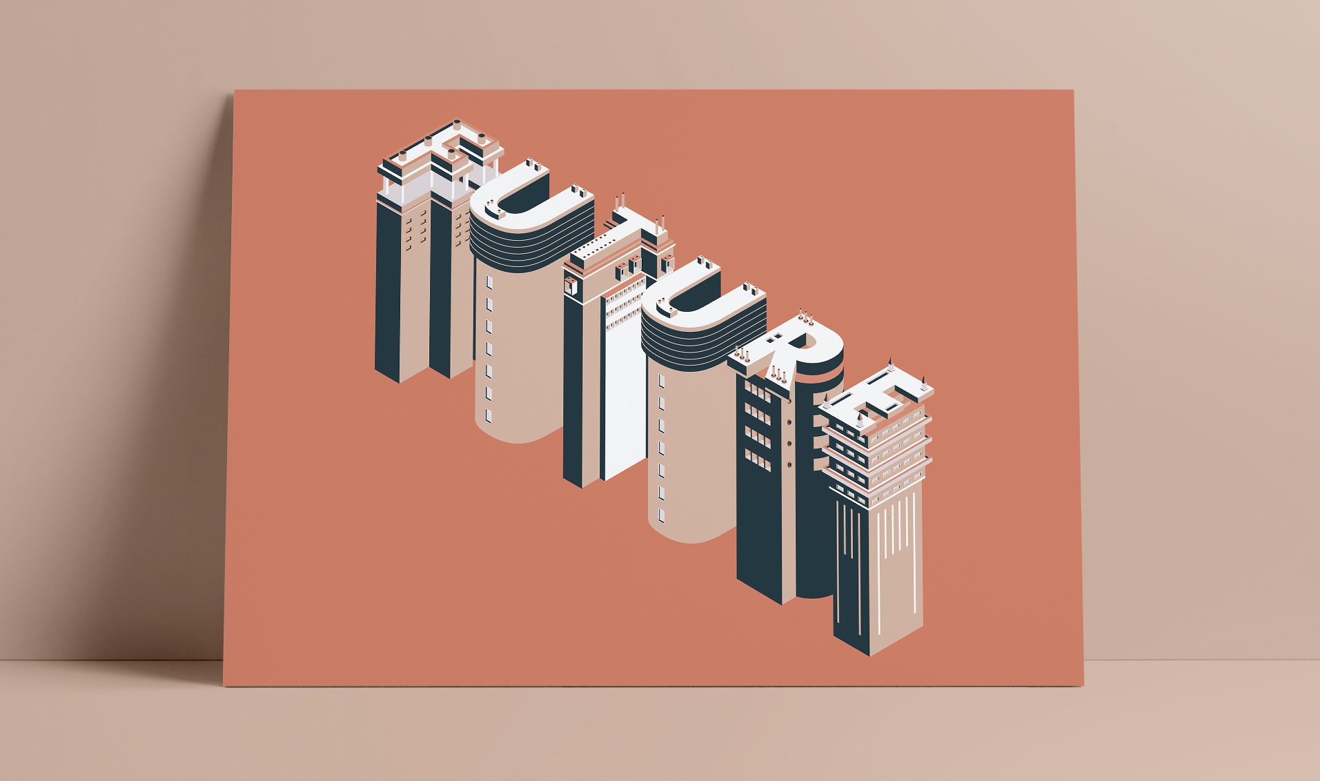 Isometric drawing of the word 'future' as buildings
